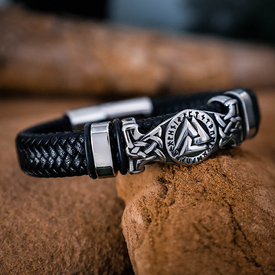 Valknut Rune Thick Leather Bracelet