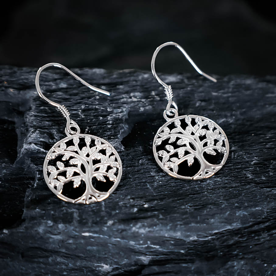 Yggdrasil Tree Gemmed Drop Earrings - Sterling Silver