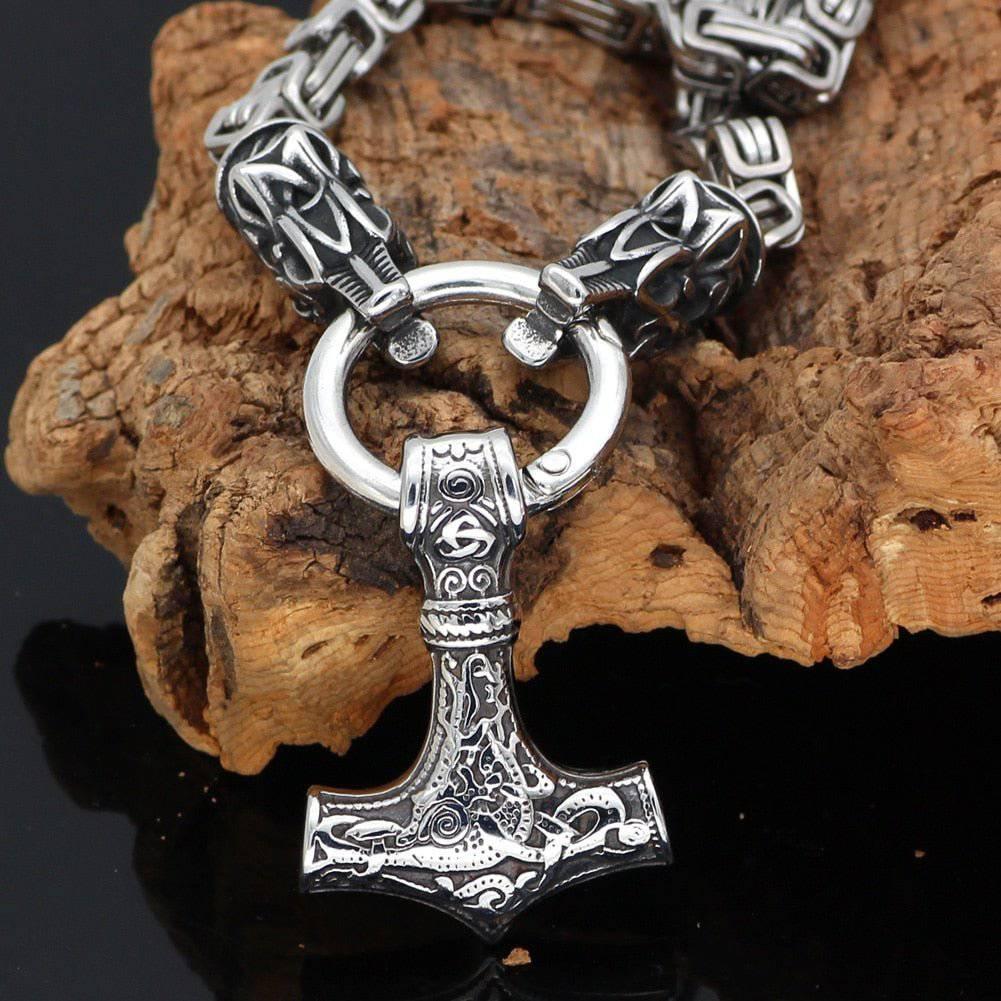 Fenrir's Bite Ring Heavy Chain with Mjölnir - Stainless Steel - Norsegarde