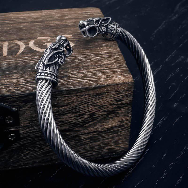 Geri and Freki Wolf Head Torc Bracelet - Stainless Steel - Norsegarde