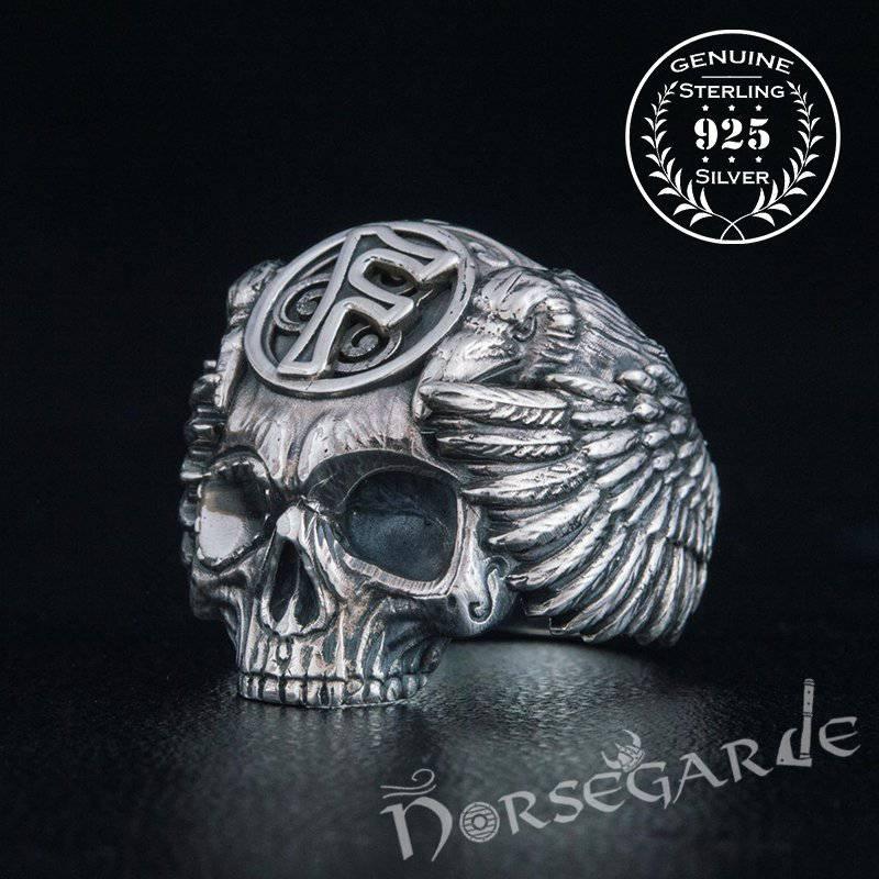Handcrafted Ansuz Skull and Ravens Ring - Sterling Silver - Norsegarde