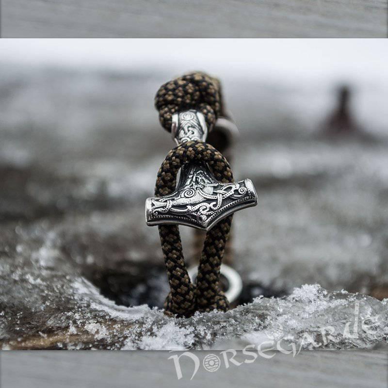 Handcrafted Bark Paracord Bracelet with Mjölnir and Runes - Sterling Silver - Norsegarde