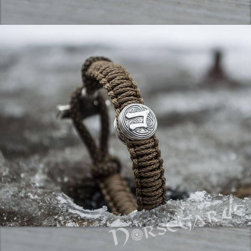 Handcrafted Bark Paracord Bracelet with Mjölnir and Runes - Sterling Silver - Norsegarde