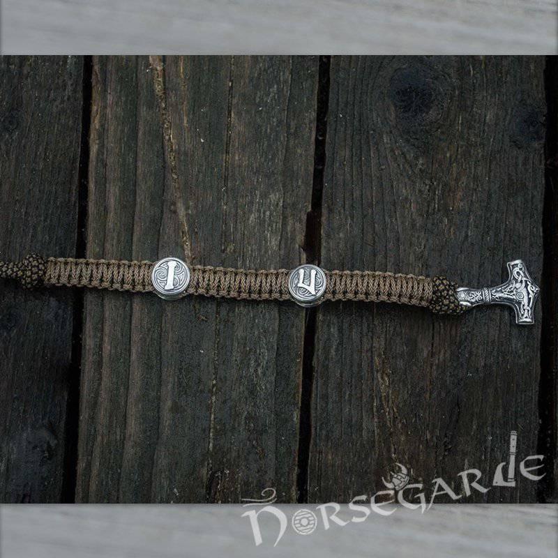 Handcrafted Bark Paracord Bracelet with Mjölnir and Runes - Sterling Silver - Norsegarde