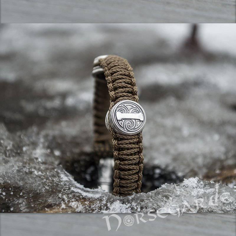 Handcrafted Bark Paracord Bracelet with Mjölnir and Runes - Sterling Silver - Norsegarde