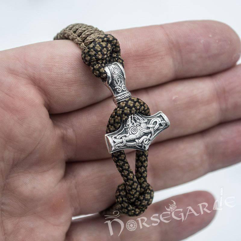 Handcrafted Bark Paracord Bracelet with Mjölnir and Runes - Sterling Silver - Norsegarde