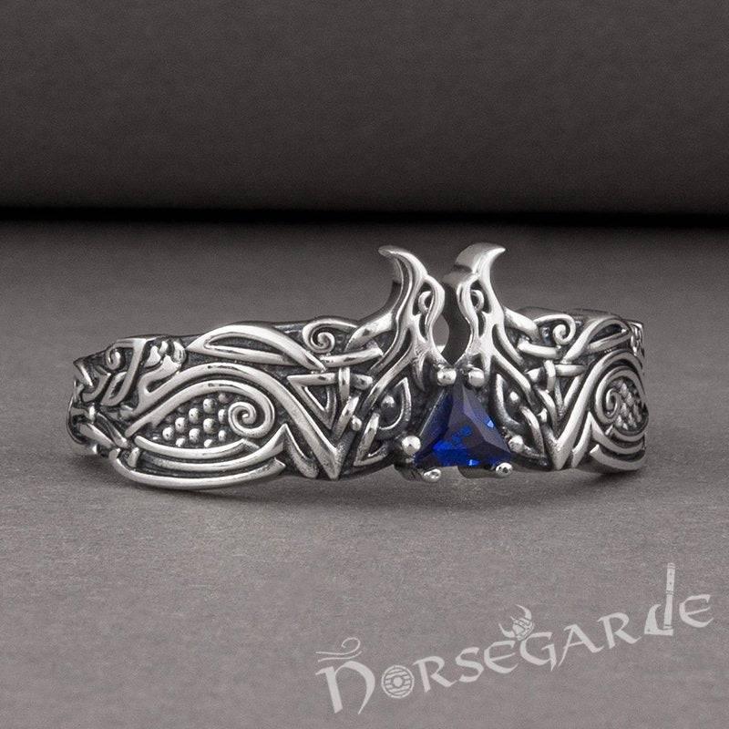 Handcrafted Celtic Ravens Gemmed Band - Sterling Silver - Norsegarde