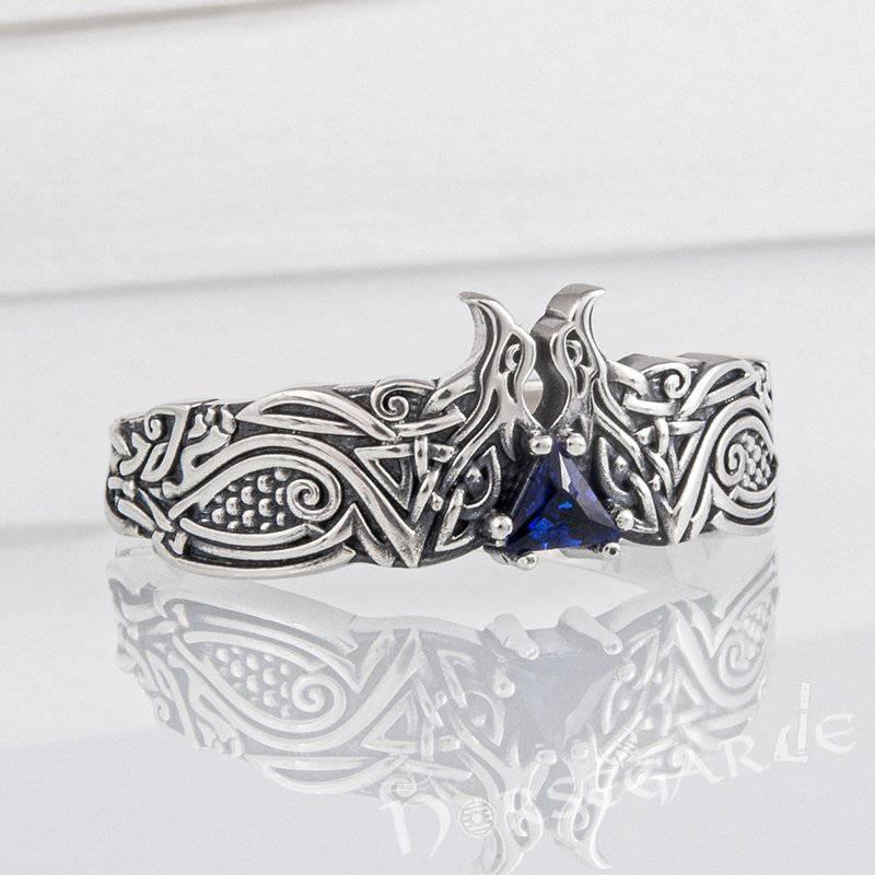 Handcrafted Celtic Ravens Gemmed Band - Sterling Silver - Norsegarde