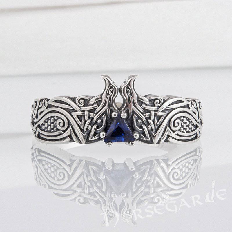 Handcrafted Celtic Ravens Gemmed Band - Sterling Silver - Norsegarde