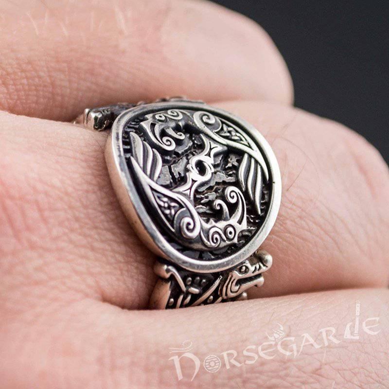 Handcrafted Celtic Ravens Jellinge Style Ring - Sterling Silver - Norsegarde