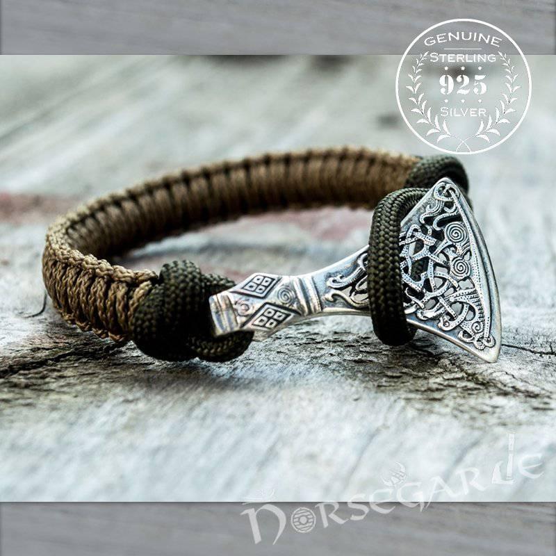 Handcrafted Coffee Paracord Bracelet with Axe Head - Sterling Silver