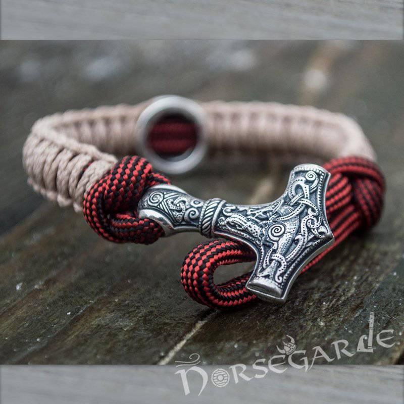 Handcrafted Cream Paracord Bracelet with Mjölnir and Rune - Sterling Silver - Norsegarde