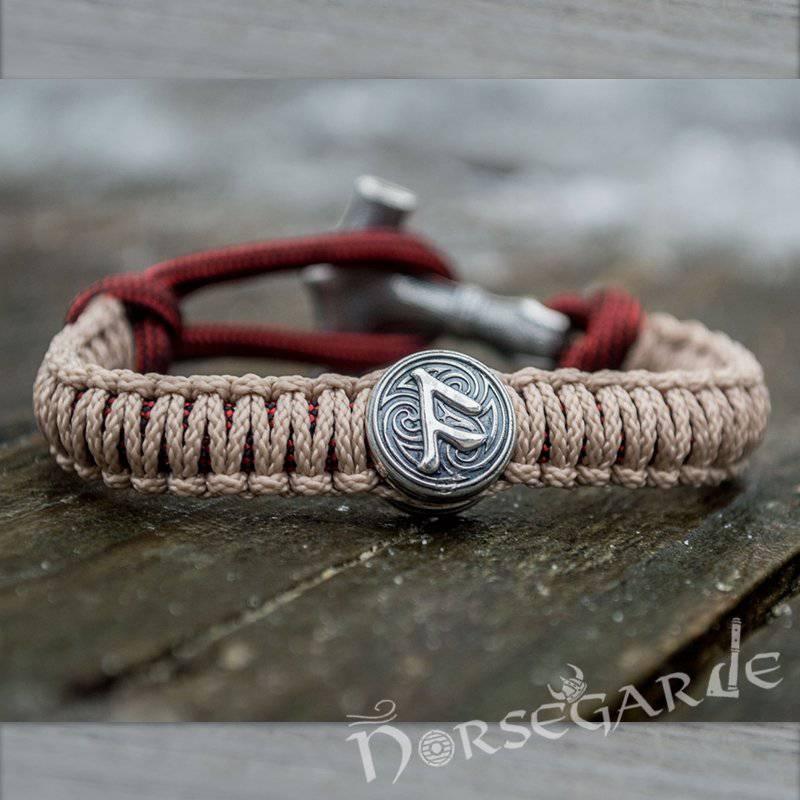 Handcrafted Cream Paracord Bracelet with Mjölnir and Rune - Sterling Silver - Norsegarde