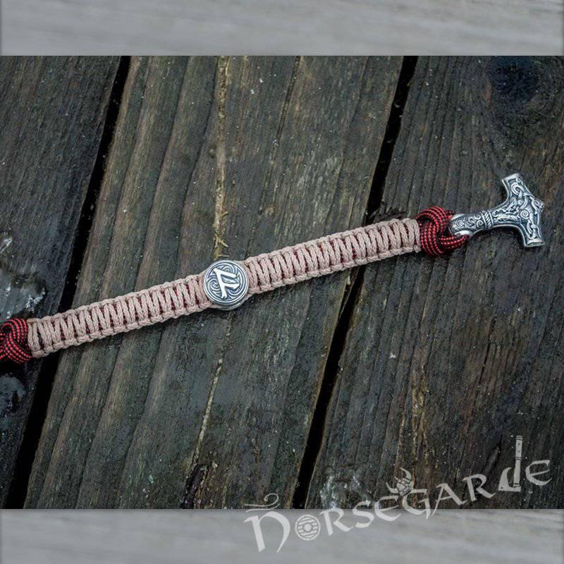 Handcrafted Cream Paracord Bracelet with Mjölnir and Rune - Sterling Silver - Norsegarde