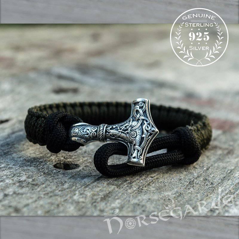 Handcrafted Dark Olive Paracord Bracelet with Mjölnir - Sterling Silver - Norsegarde