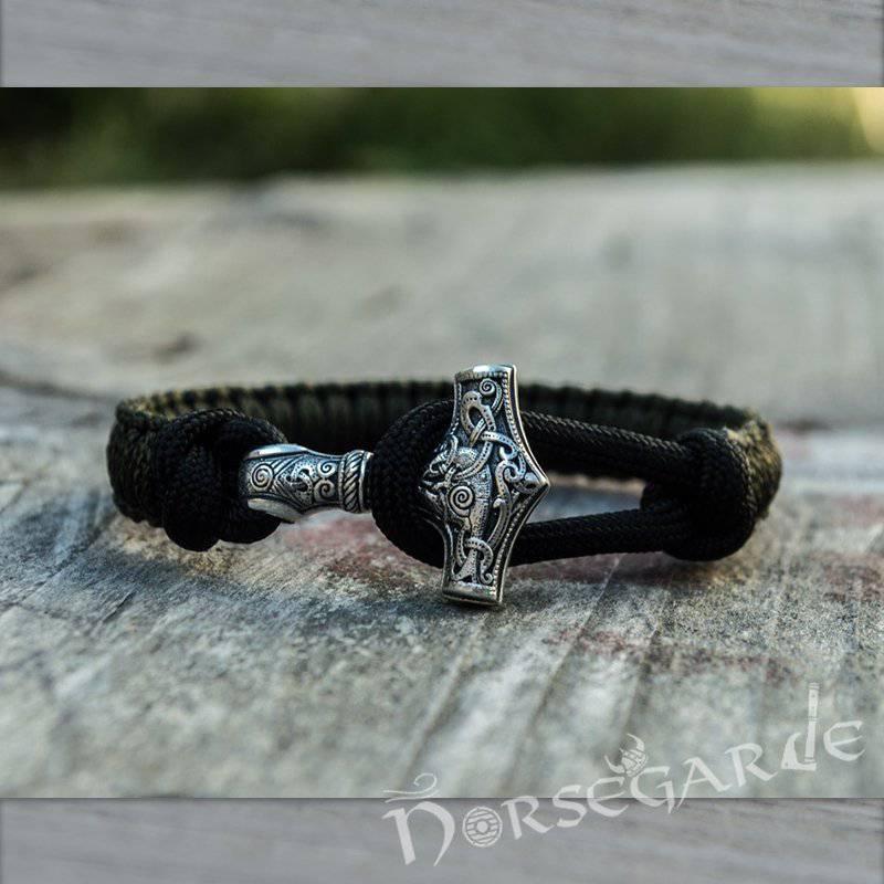 Handcrafted Dark Olive Paracord Bracelet with Mjölnir - Sterling Silver - Norsegarde