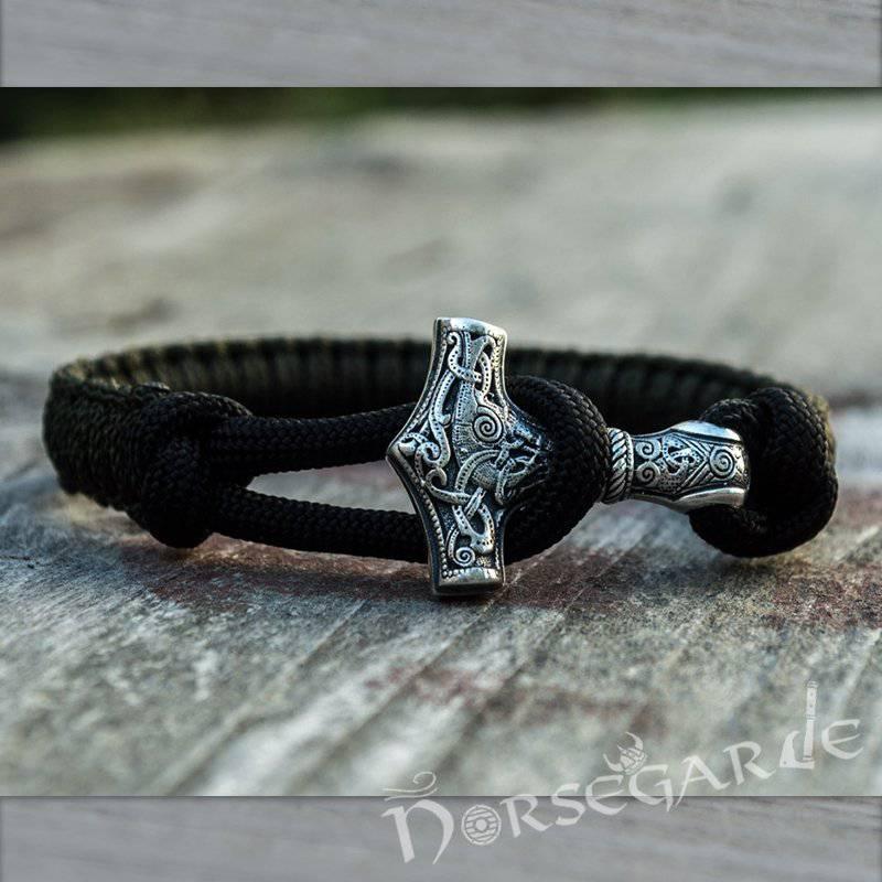 Handcrafted Dark Olive Paracord Bracelet with Mjölnir - Sterling Silver - Norsegarde