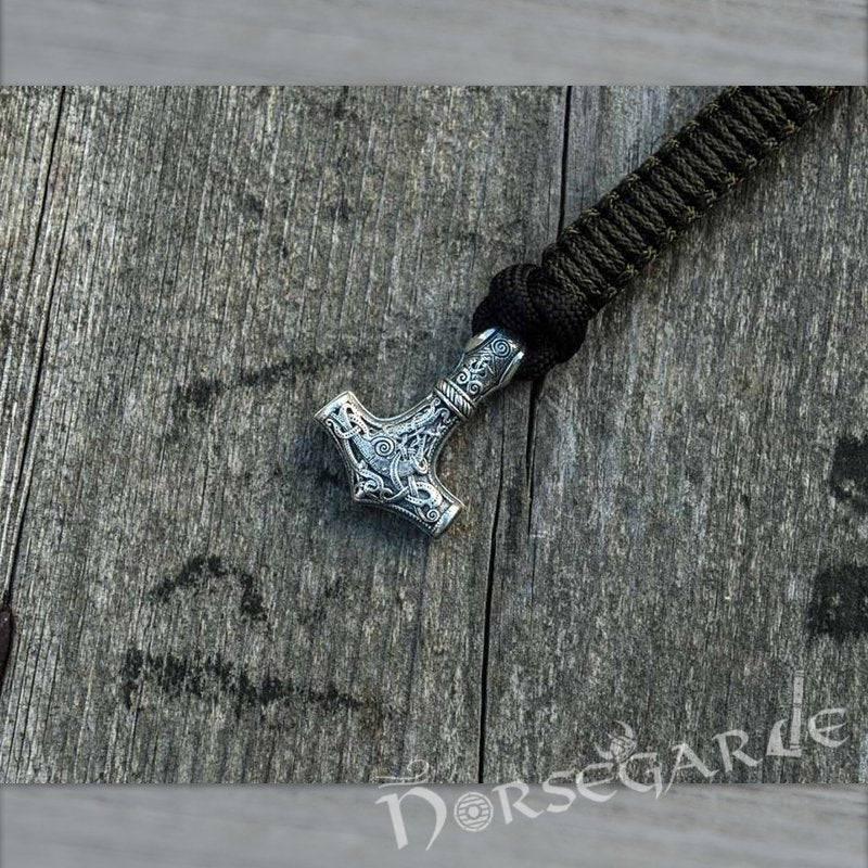 Handcrafted Dark Olive Paracord Bracelet with Mjölnir - Sterling Silver - Norsegarde