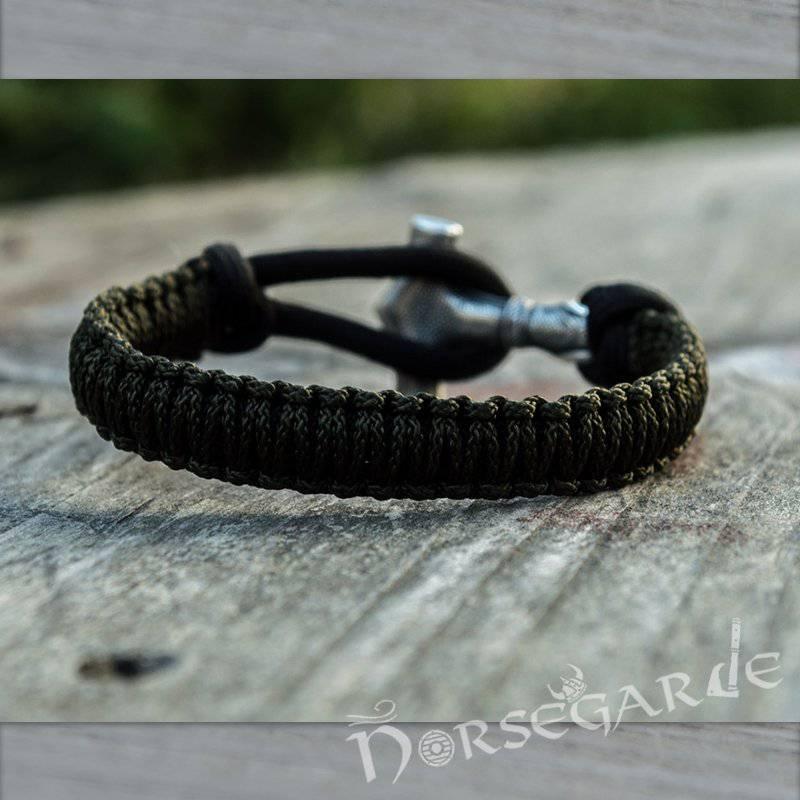 Handcrafted Dark Olive Paracord Bracelet with Mjölnir - Sterling Silver - Norsegarde