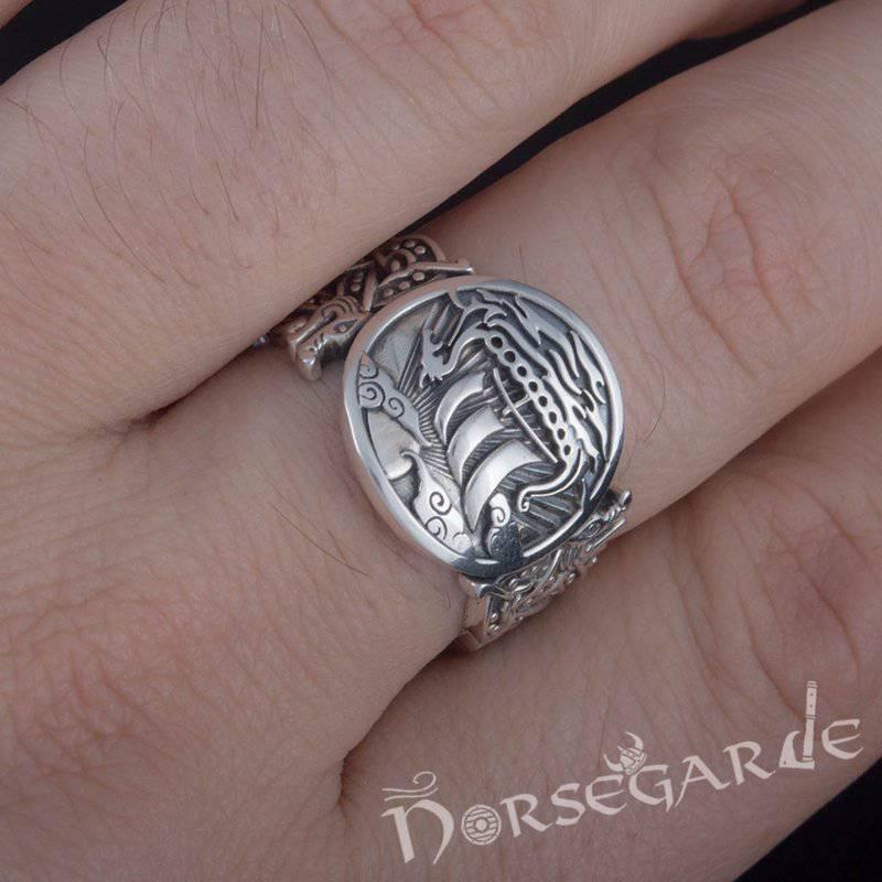Handcrafted Drakkar Jellinge Style Ring - Sterling Silver - Norsegarde