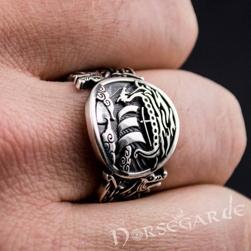 Handcrafted Drakkar Jellinge Style Ring - Sterling Silver - Norsegarde