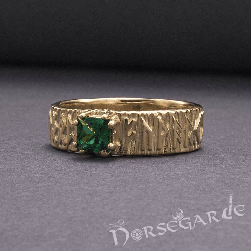 Handcrafted Elder Futhark Band - Gold with Emerald - Norsegarde