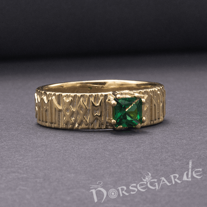 Handcrafted Elder Futhark Band - Gold with Emerald - Norsegarde