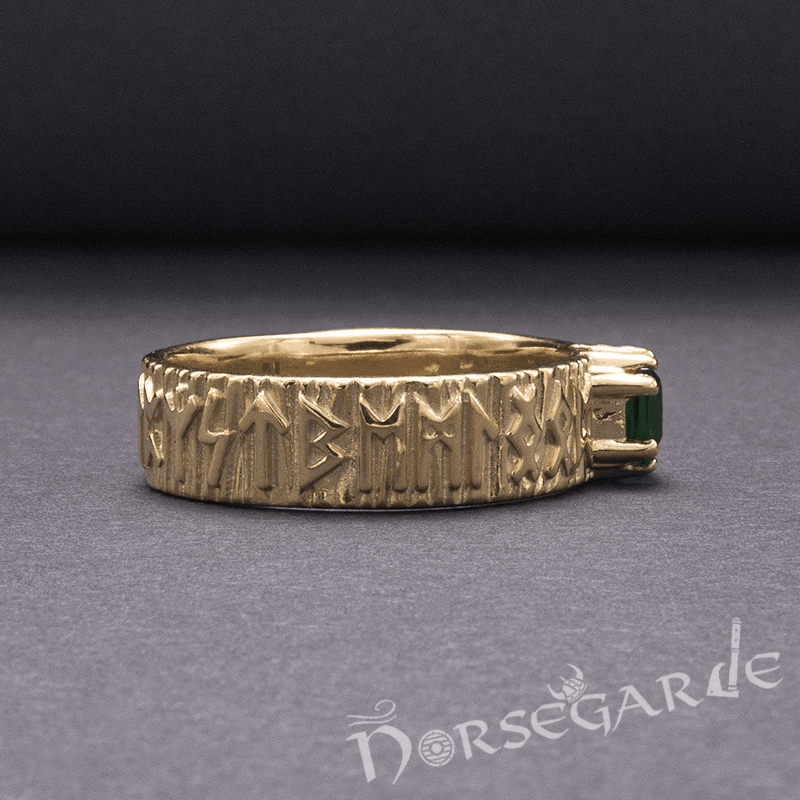 Handcrafted Elder Futhark Band - Gold with Emerald - Norsegarde