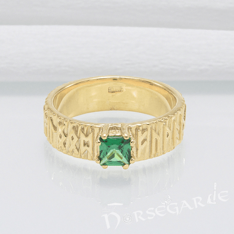 Handcrafted Elder Futhark Band - Gold with Emerald - Norsegarde
