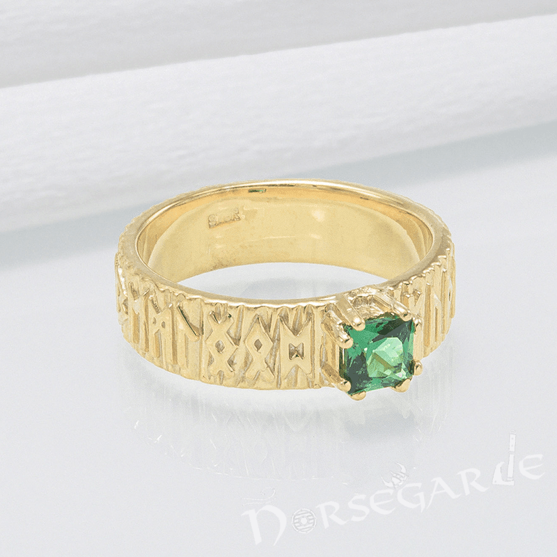 Handcrafted Elder Futhark Band - Gold with Emerald - Norsegarde