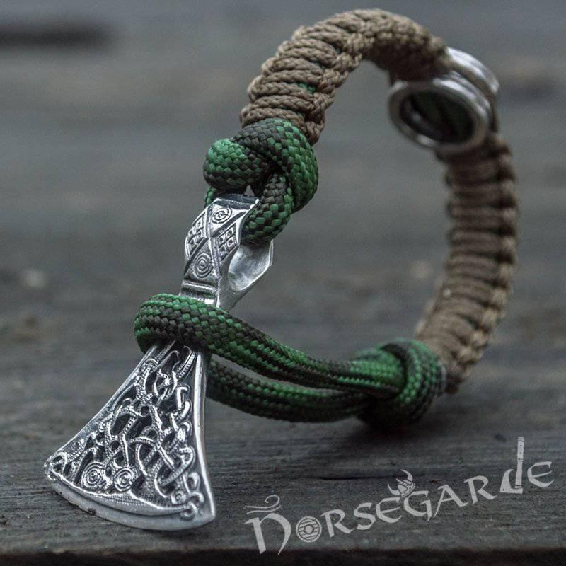 Handcrafted Forest Paracord Bracelet with Axe Head and Rune - Sterling Silver - Norsegarde