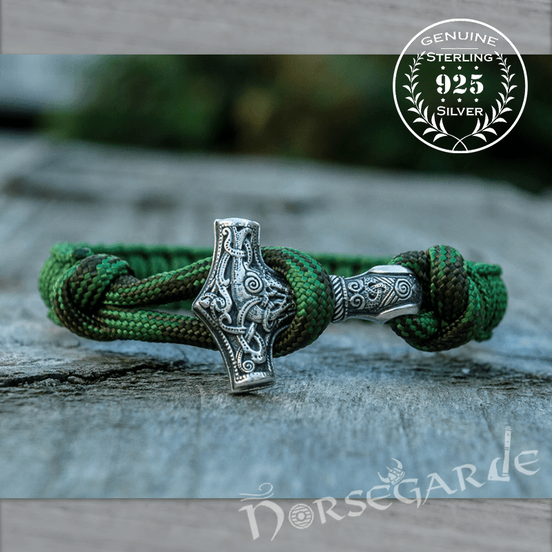 Handcrafted Forest Paracord Bracelet with Mjölnir - Sterling Silver - Norsegarde