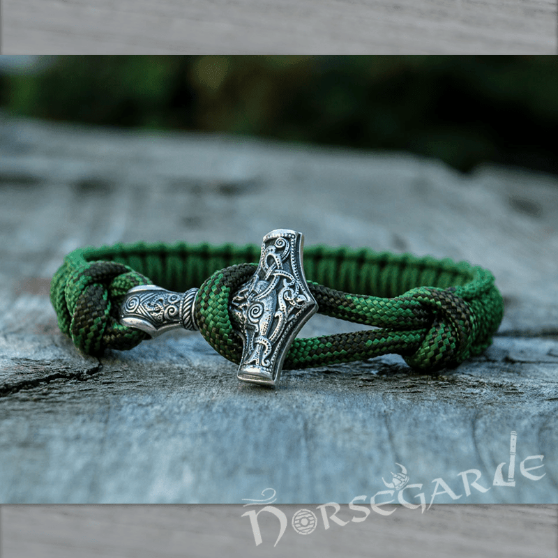 Handcrafted Forest Paracord Bracelet with Mjölnir - Sterling Silver - Norsegarde