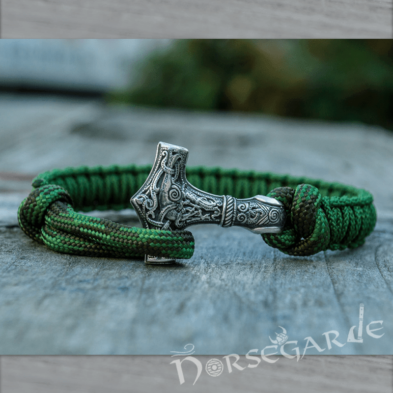 Handcrafted Forest Paracord Bracelet with Mjölnir - Sterling Silver - Norsegarde