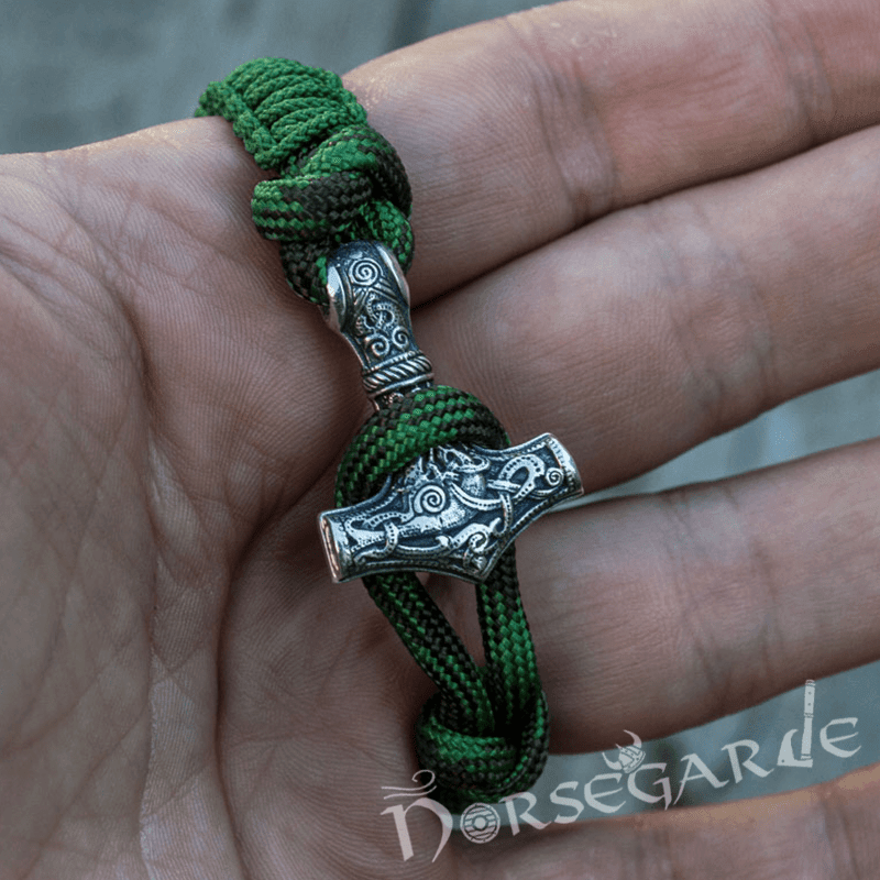 Handcrafted Forest Paracord Bracelet with Mjölnir - Sterling Silver - Norsegarde
