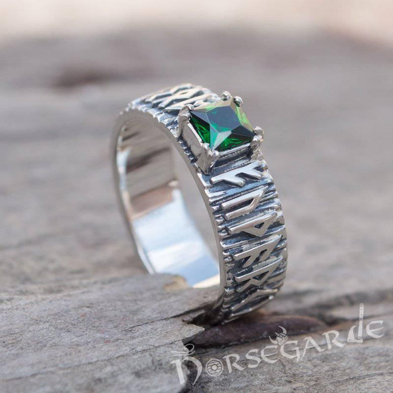 Handcrafted Gemmed Elder Futhark Band - Sterling Silver - Norsegarde
