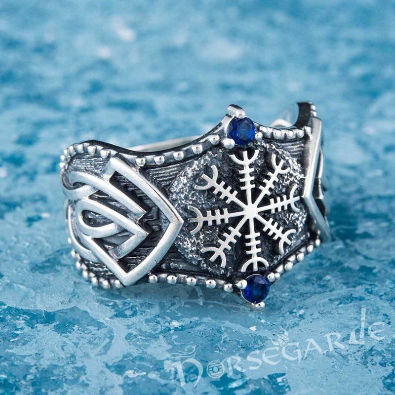 Handcrafted Gemmed Helm of Awe Celtic Ring - Sterling Silver - Norsegarde