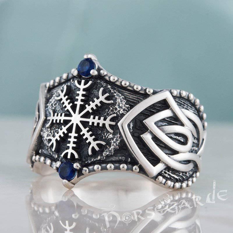 Handcrafted Gemmed Helm of Awe Celtic Ring - Sterling Silver - Norsegarde