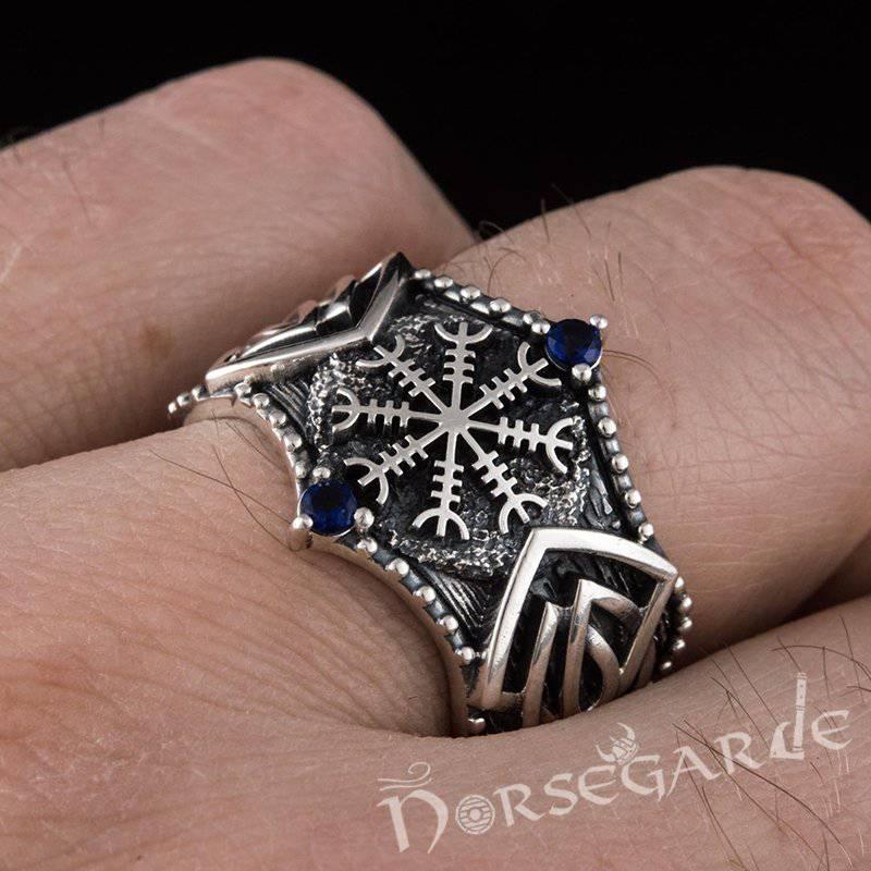 Handcrafted Gemmed Helm of Awe Celtic Ring - Sterling Silver - Norsegarde