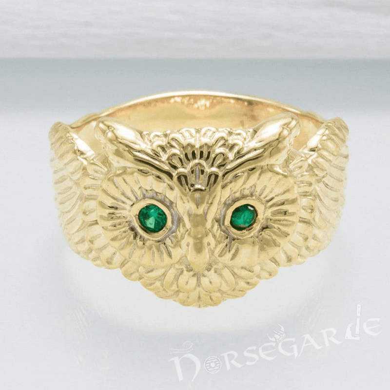 Handcrafted Gemmed Owl Ring - Gold with Emerald - Norsegarde