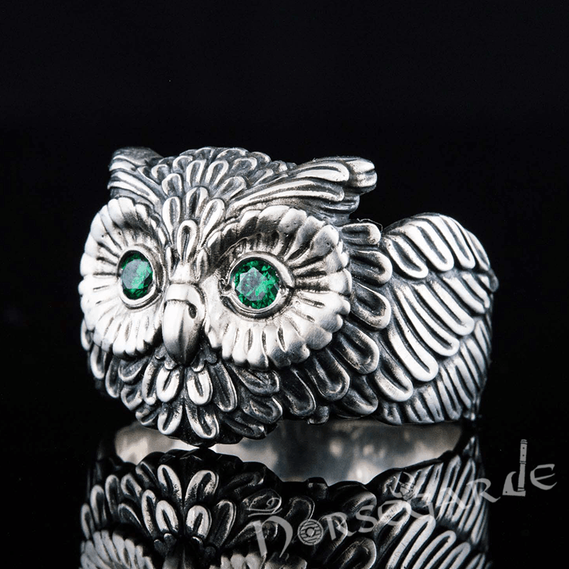 Handcrafted Gemmed Owl Ring Sterling Silver