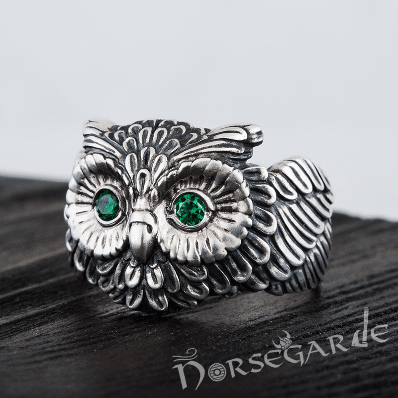 Handcrafted Gemmed Owl Ring - Sterling Silver - Norsegarde