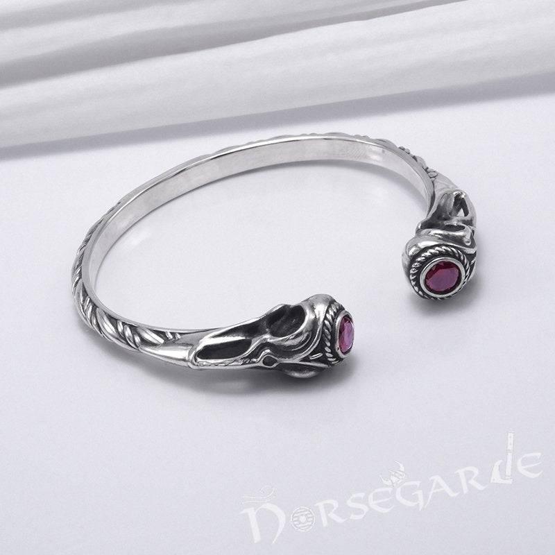 Handcrafted Gemmed Raven Skull Torc Bracelet - Sterling Silver - Norsegarde