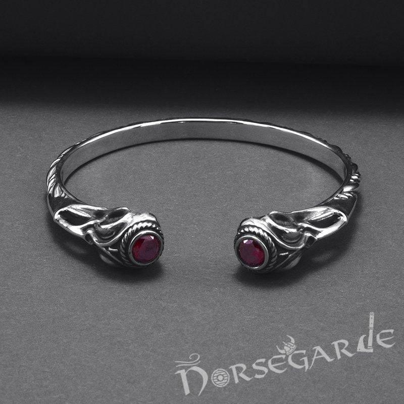 Handcrafted Gemmed Raven Skull Torc Bracelet - Sterling Silver - Norsegarde