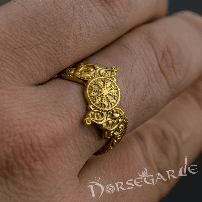 Handcrafted Helm of Awe and Wolves Ring - Gold - Norsegarde