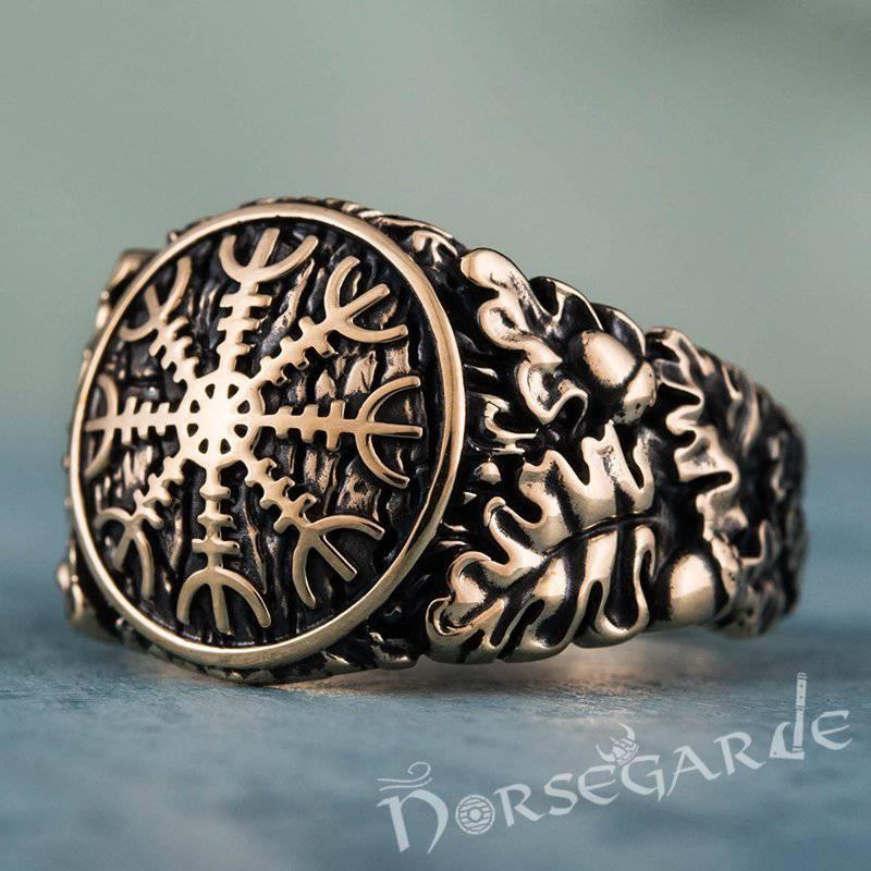 Handcrafted Helm of Awe Rune Oak Leaves Ring - Bronze - Norsegarde