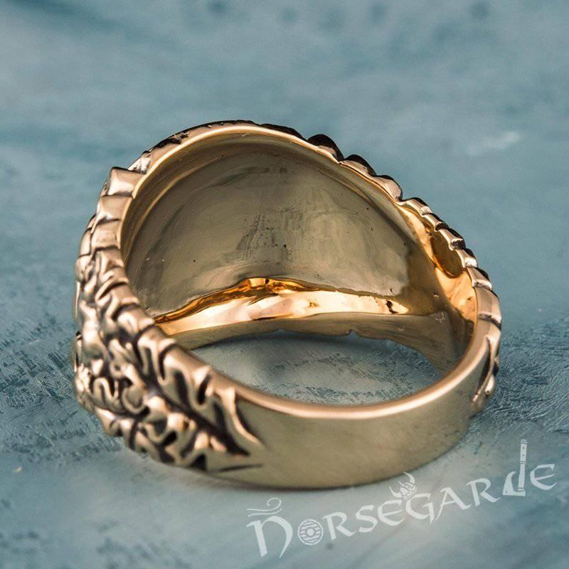 Handcrafted Helm of Awe Rune Oak Leaves Ring - Bronze - Norsegarde