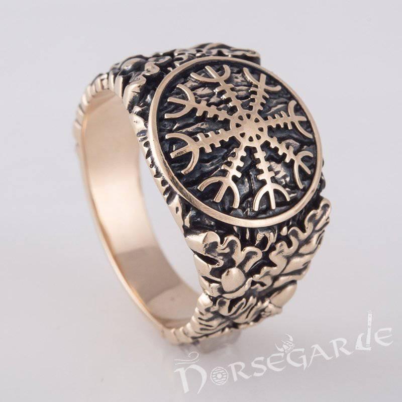 Handcrafted Helm of Awe Rune Oak Leaves Ring - Bronze - Norsegarde