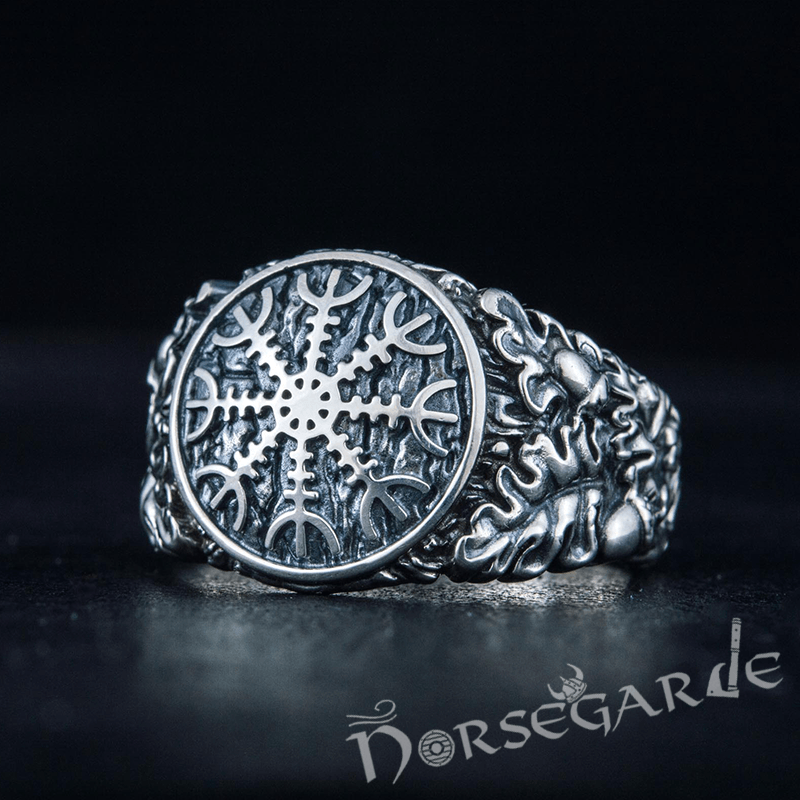 Handcrafted Helm of Awe Rune Oak Leaves Ring - Sterling Silver - Norsegarde