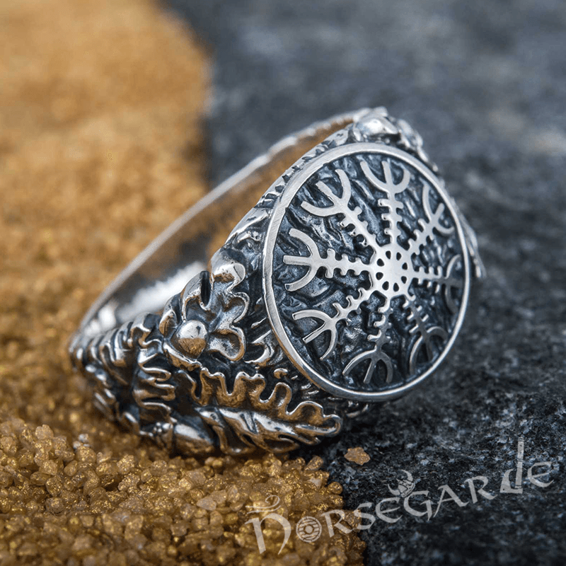 Handcrafted Helm of Awe Rune Oak Leaves Ring - Sterling Silver - Norsegarde